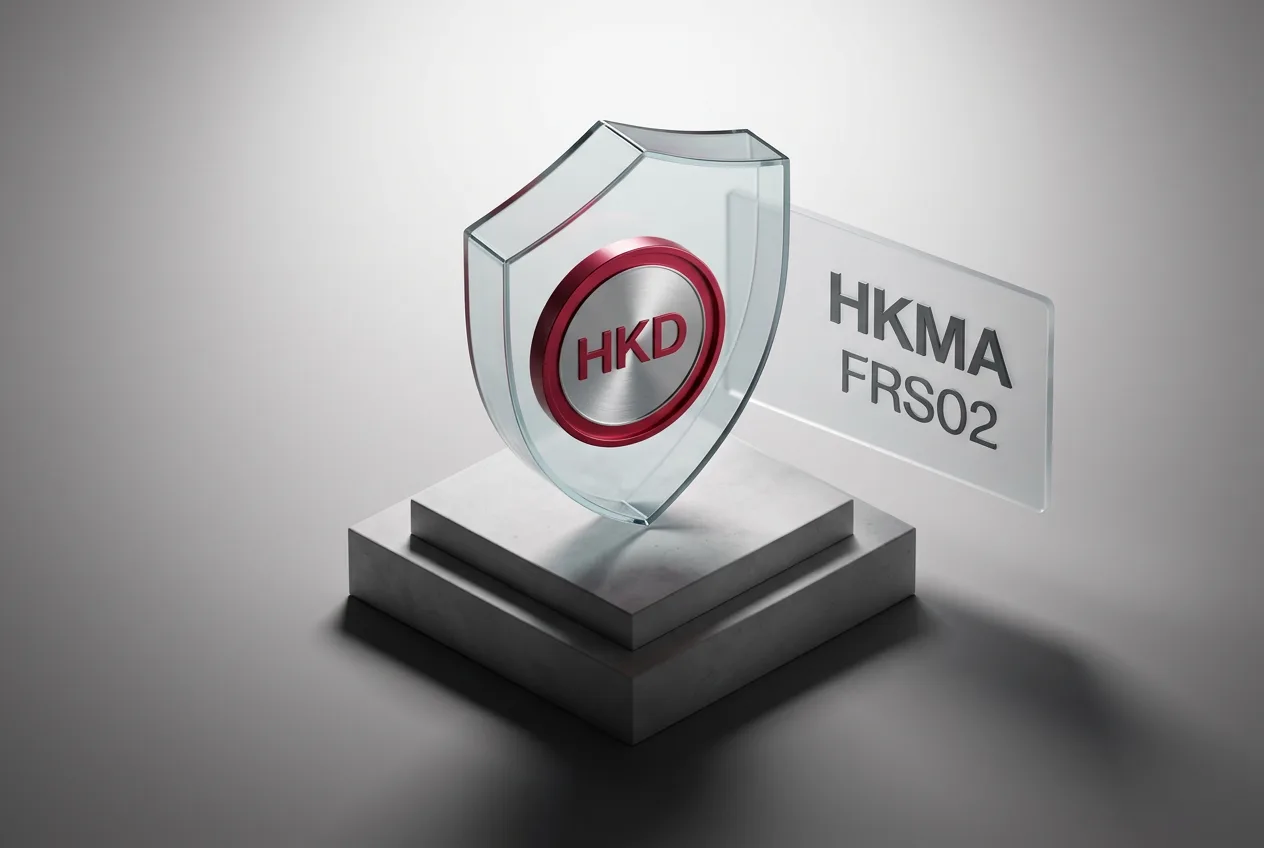 3D render of a regulated HKD stablecoin token secured under a glass shield with regulatory markers.
