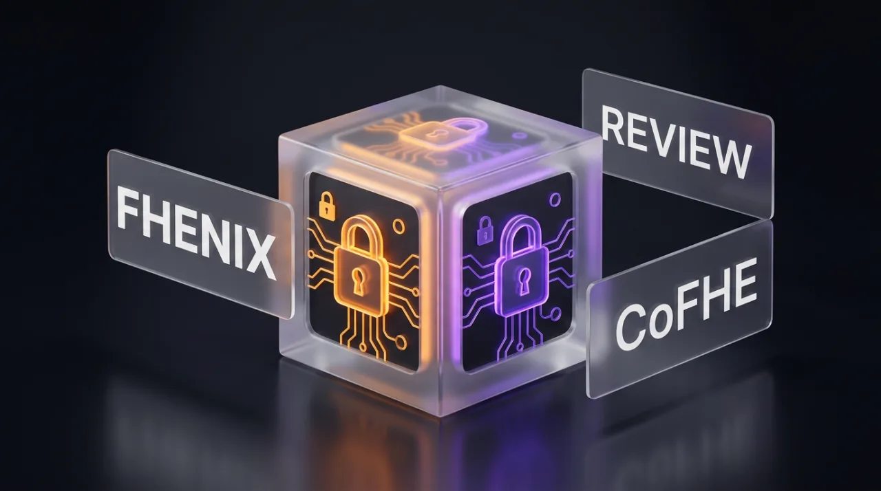 Fhenix CoFHE review editorial cover with cryptographic cube and floating brand cards