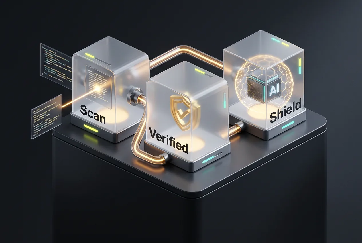 3D isometric infographic detailing the AI agent security verification pipeline from scanning to runtime shield.