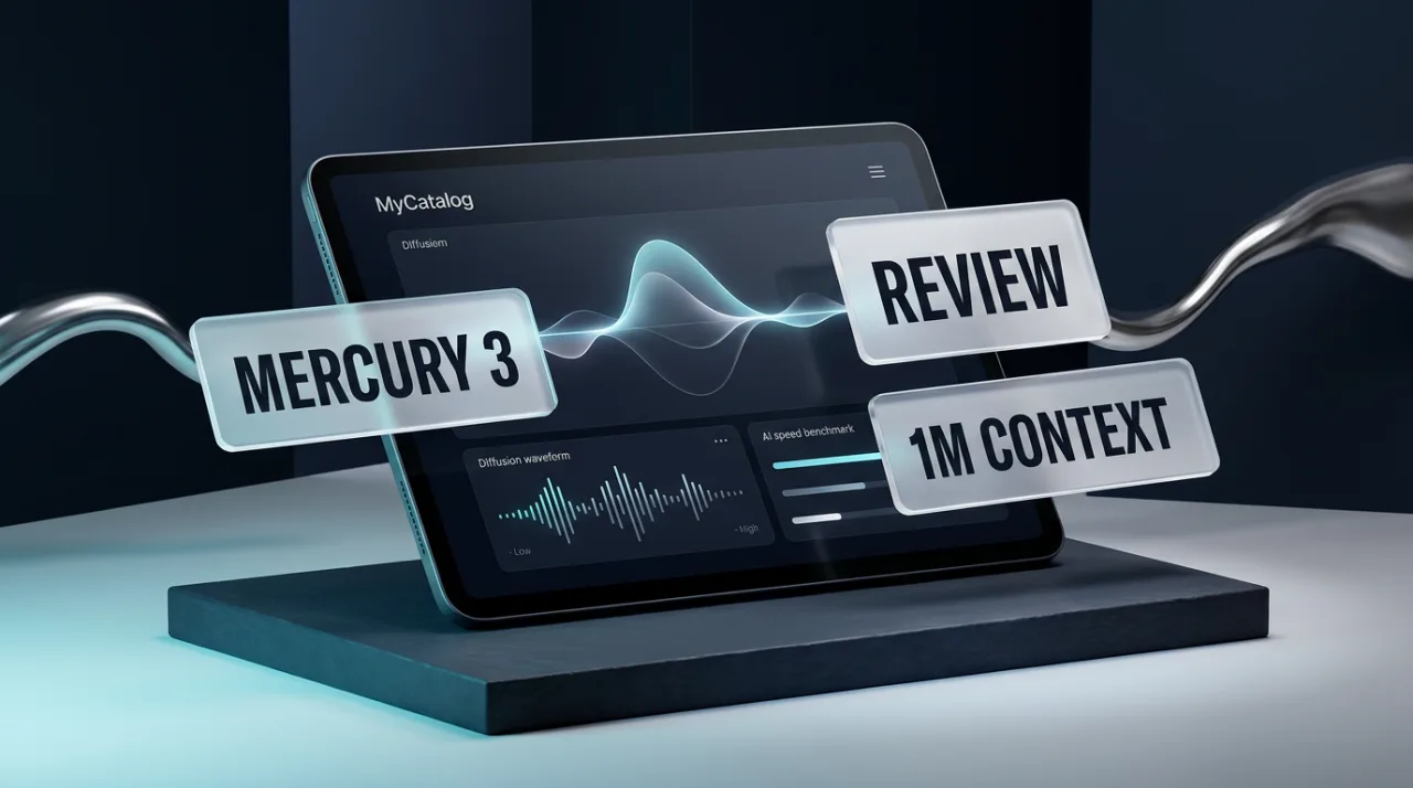 Editorial 3D cover review of Inception Mercury 3 diffusion LLM showing a sleek tablet and floating spec cards.
