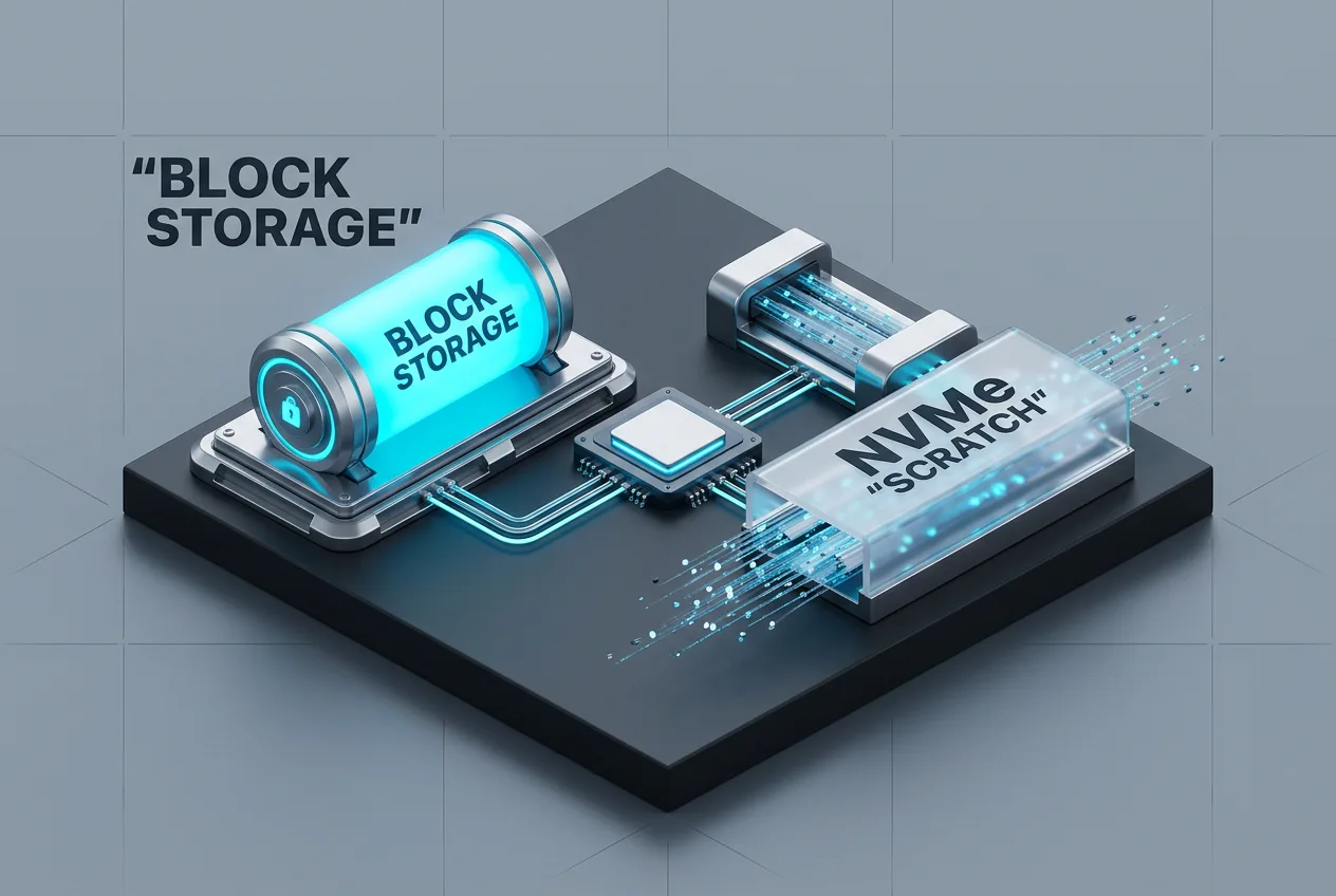 3D isometric infographic showing persistent block storage architecture alongside fast local NVMe scratch disk.