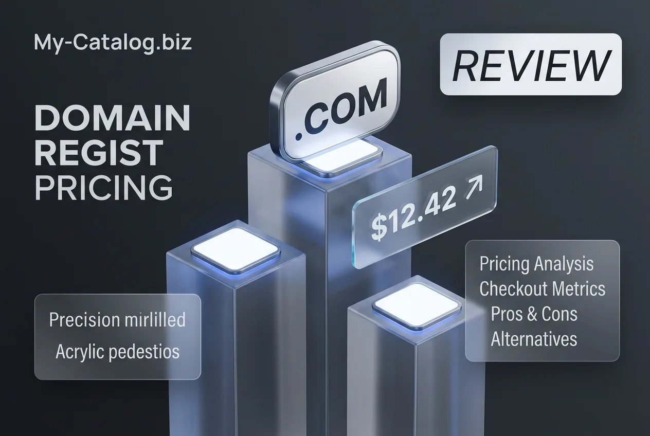 3D isometric chart illustrating domain registration pricing and .COM registrar metrics