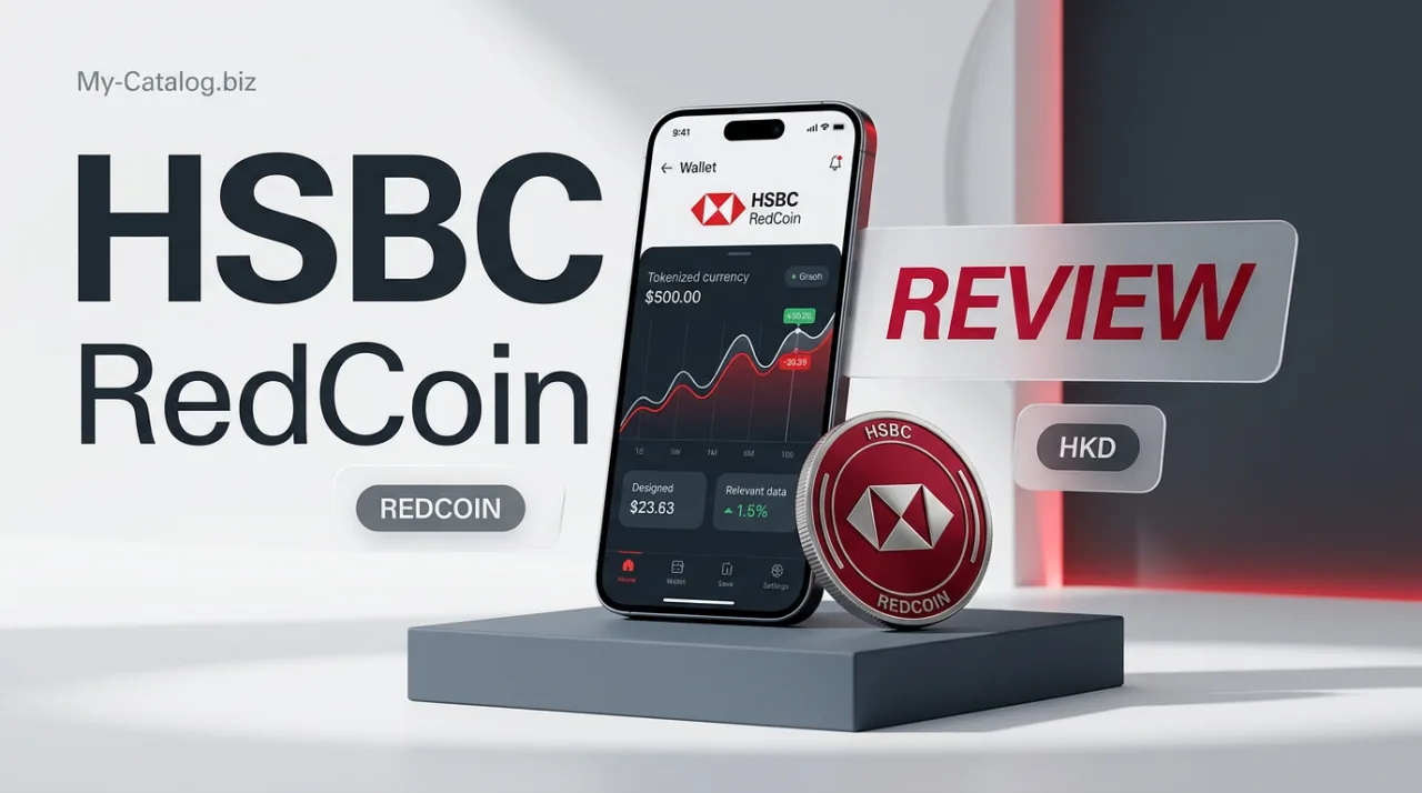 HSBC RedCoin review cover with smartphone displaying digital HKD balance and a crimson stablecoin token.