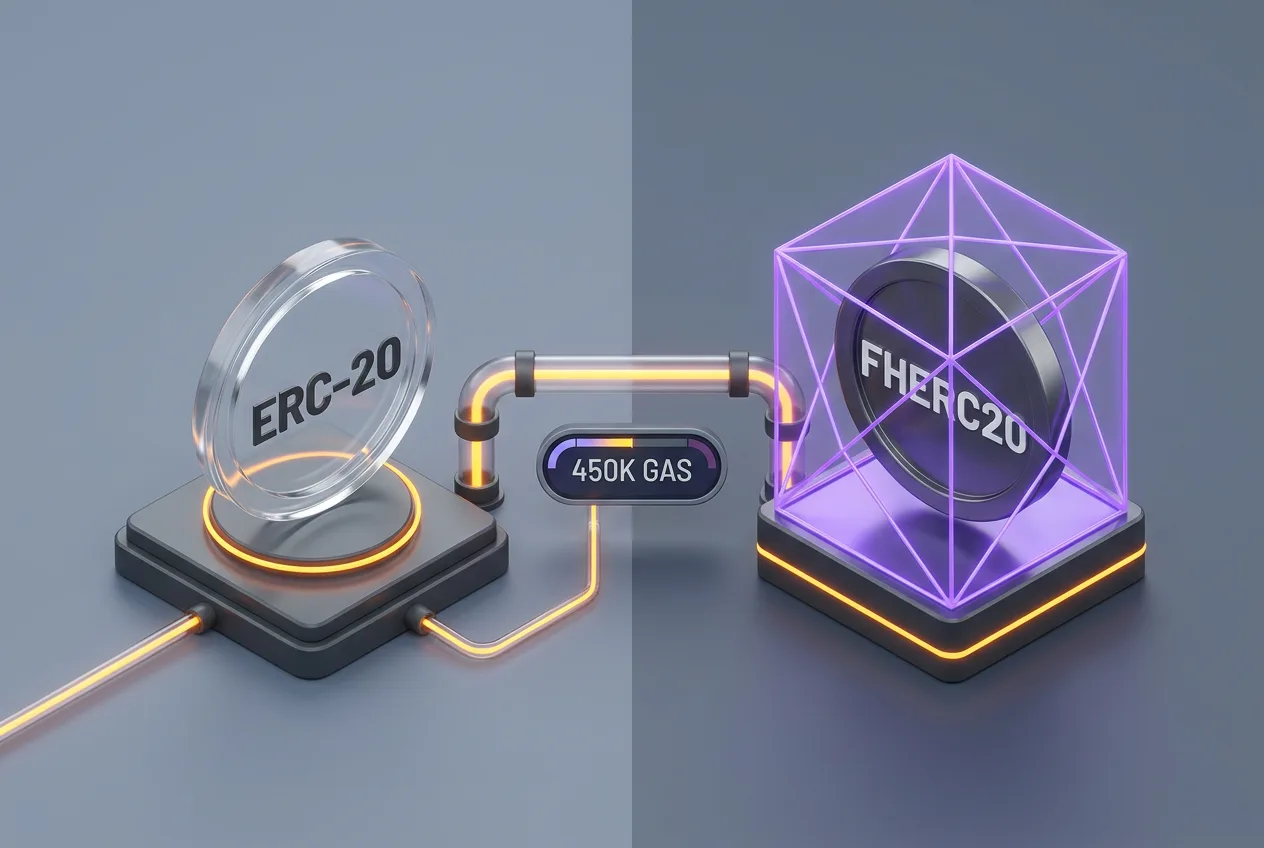 3D comparison infographic of public ERC-20 versus confidential FHERC20 tokens with gas metric