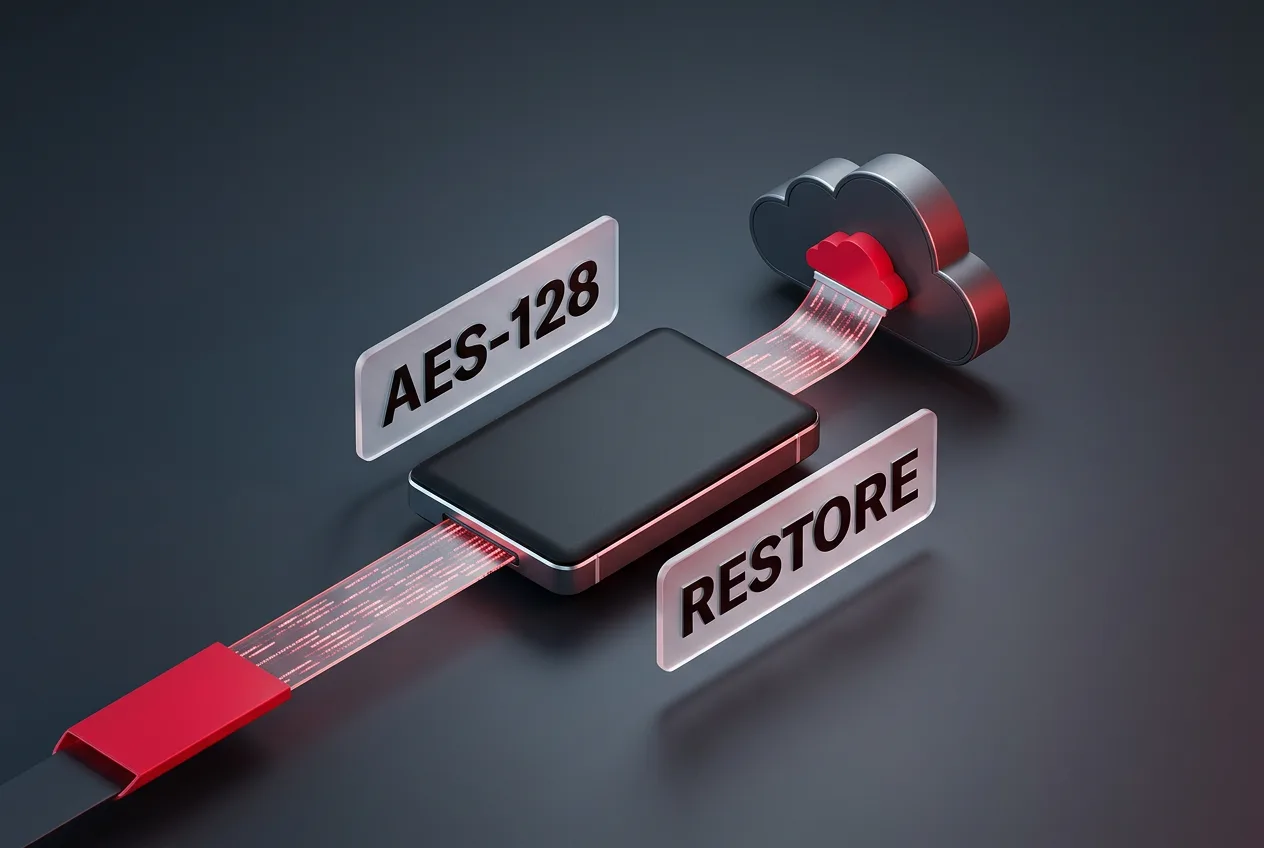 Backblaze data recovery graphic showing encrypted drive and secure cloud backup process