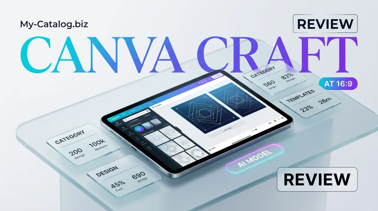 Canva Craft review editorial cover displaying AI design model interface on a tablet with floating UI cards.