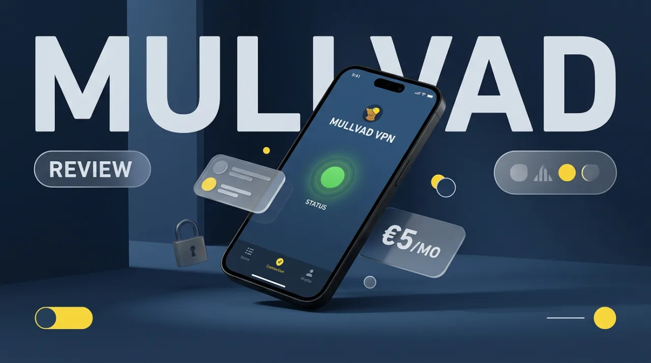 Mullvad VPN review cover featuring smartphone with security app interface and floating editorial cards.