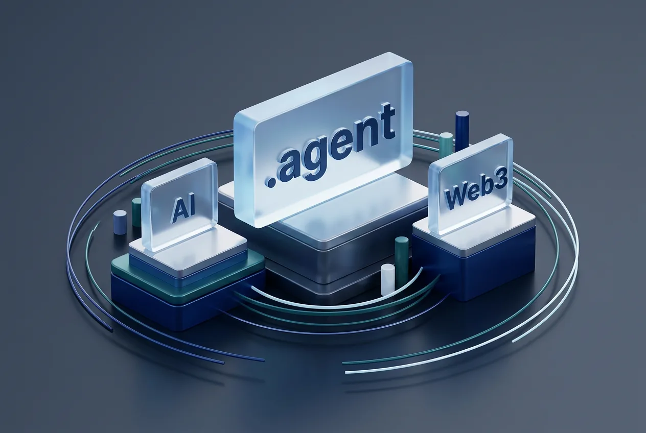 3D infographic displaying contested domain extensions like .agent across AI and digital registry categories.