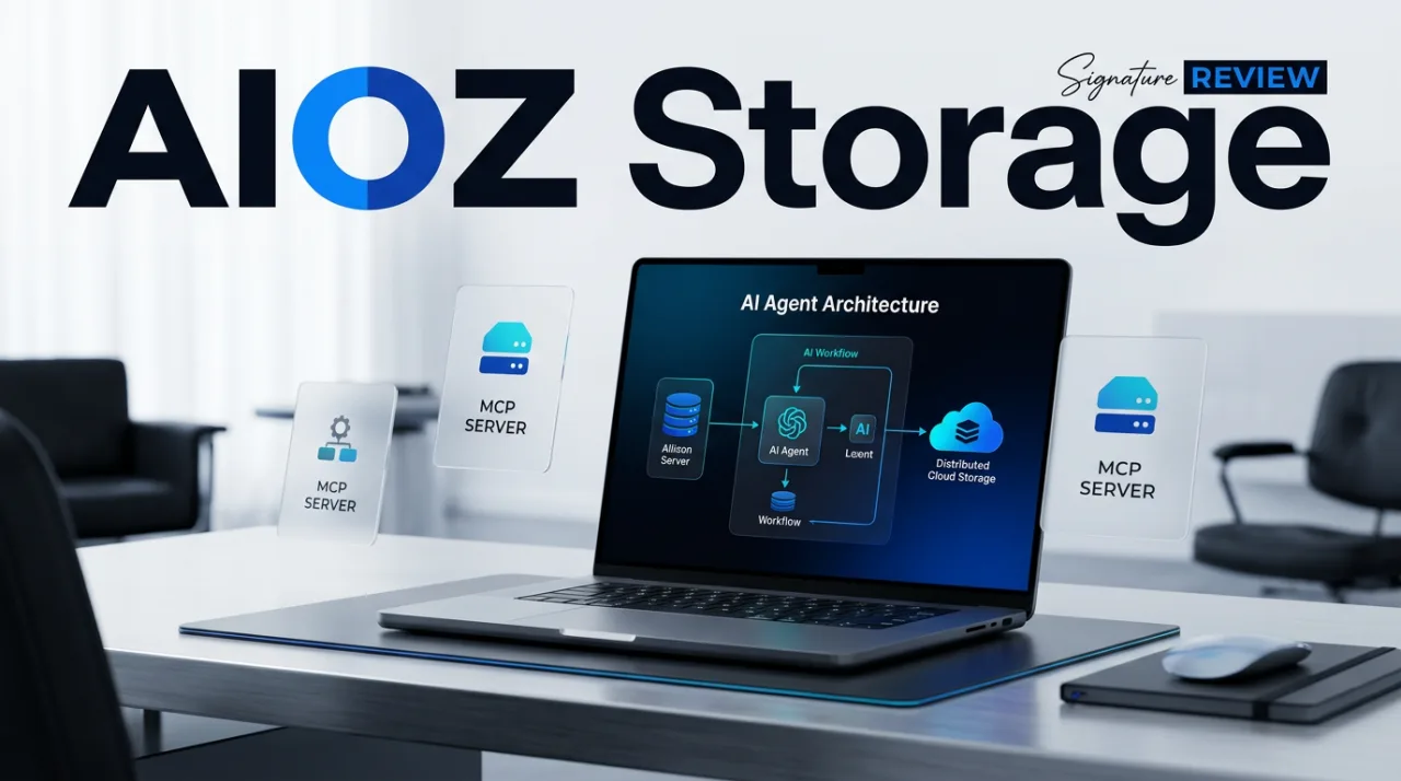 AIOZ Storage MCP server review editorial magazine cover with floating feature cards and laptop workstation