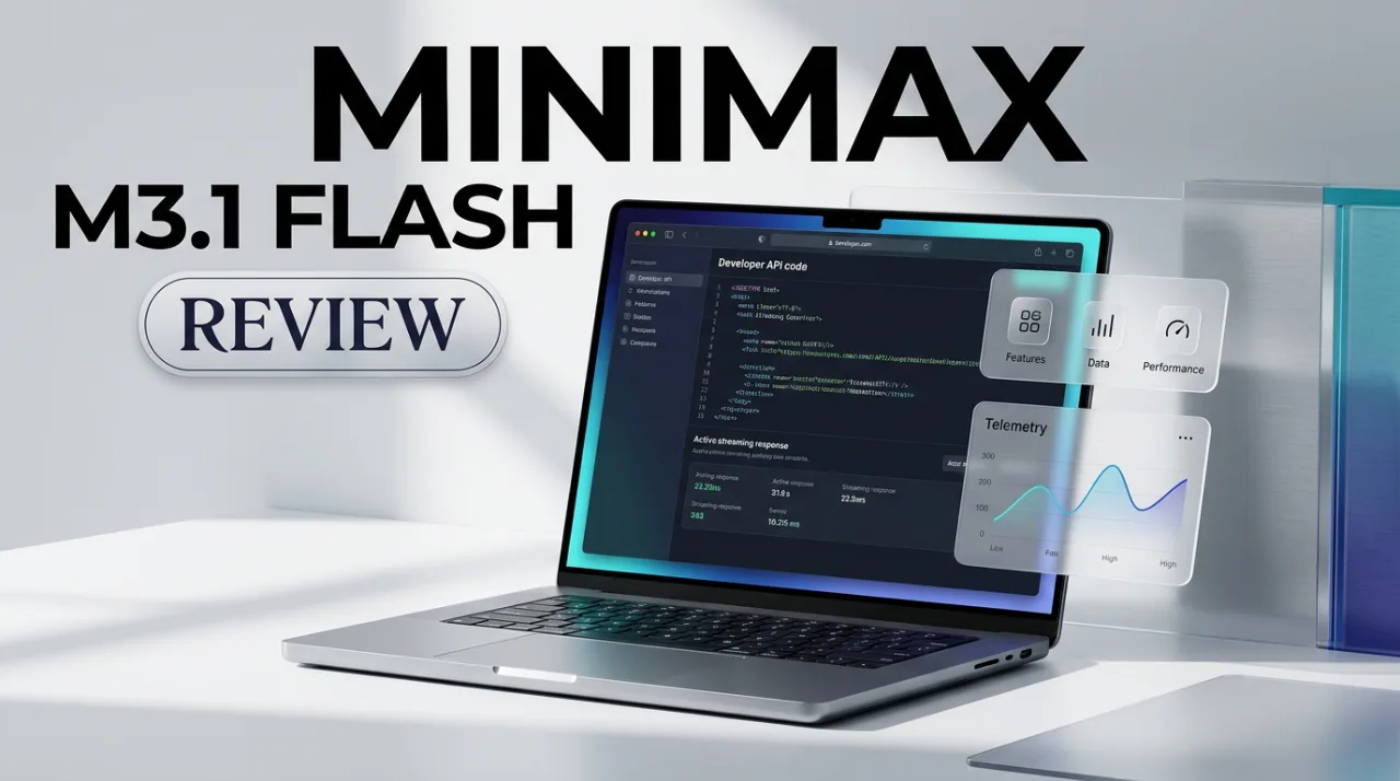 MiniMax M3.1 Flash AI model editorial review cover with developer laptop and floating UI cards