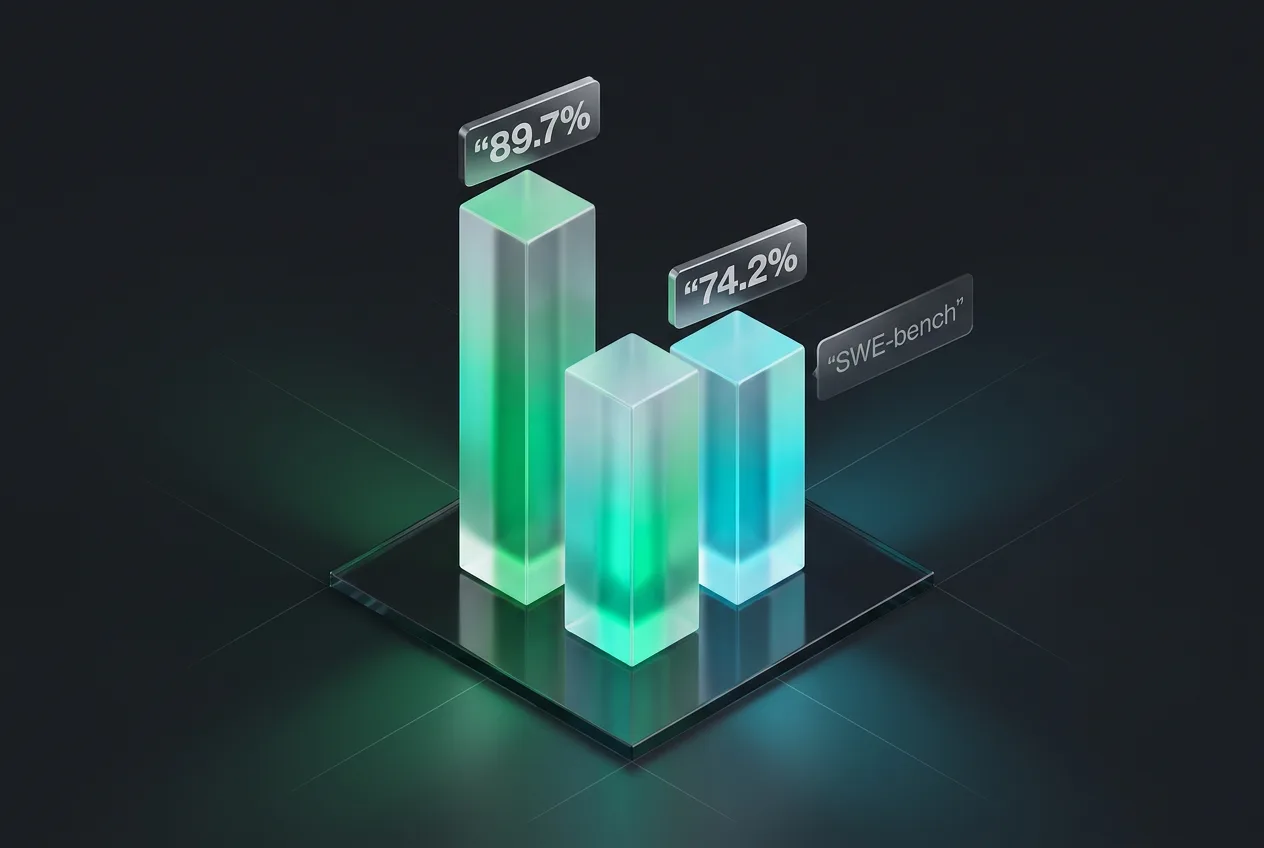 3D benchmark chart for Recursive Flint model displaying performance scores including 89.7%.