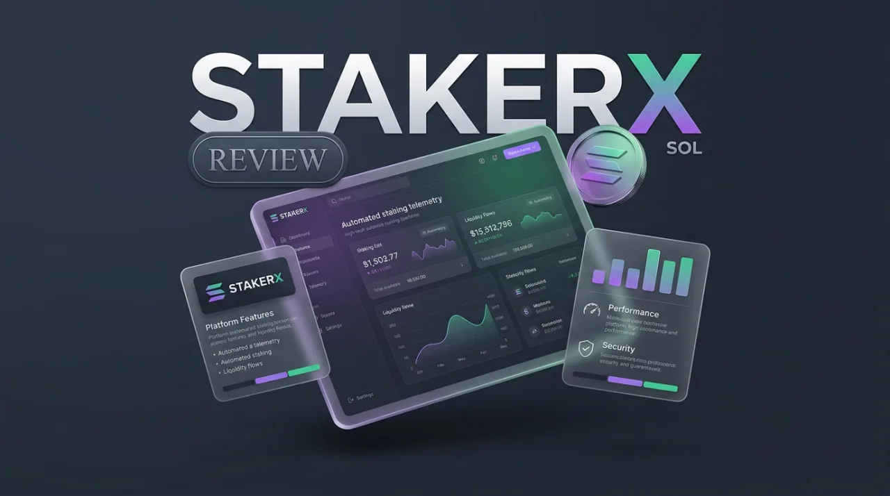 StakerX AI agent review cover with Solana staking interface and glowing editorial badges