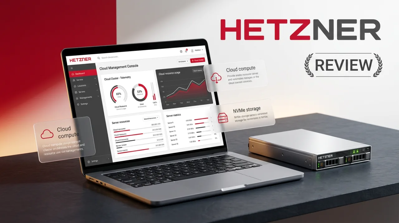 Hetzner Online VPS review editorial cover featuring a modern server console laptop and branding cards.