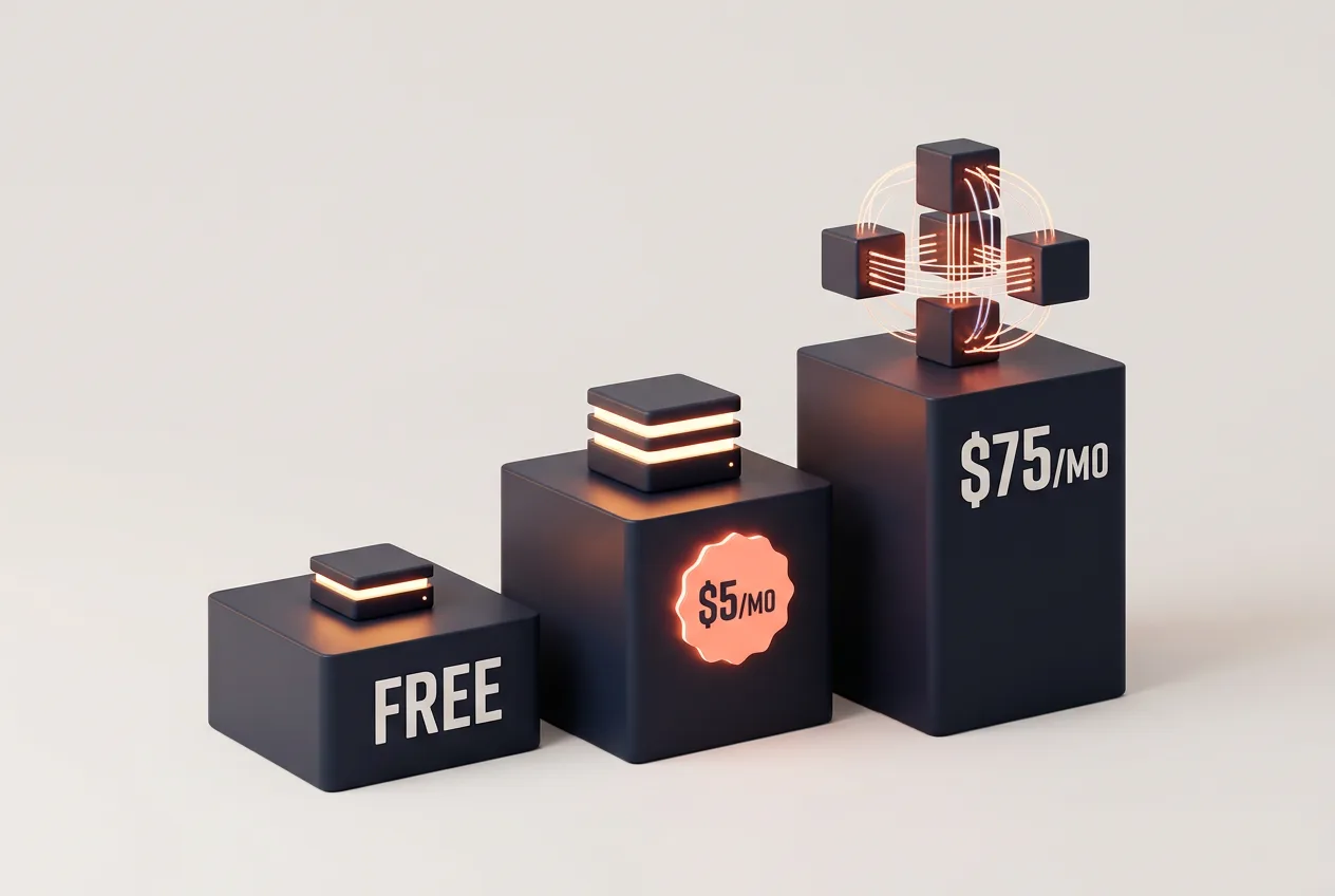 3D infographic showing Aiven database pricing tiers from Free to Developer and Startup plans.