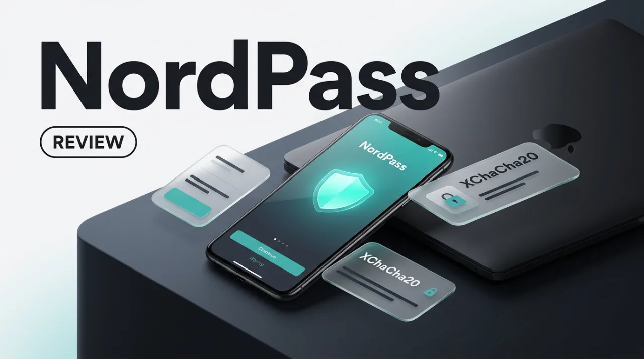 NordPass password manager review cover with smartphone showing encrypted vault interface and floating spec cards.