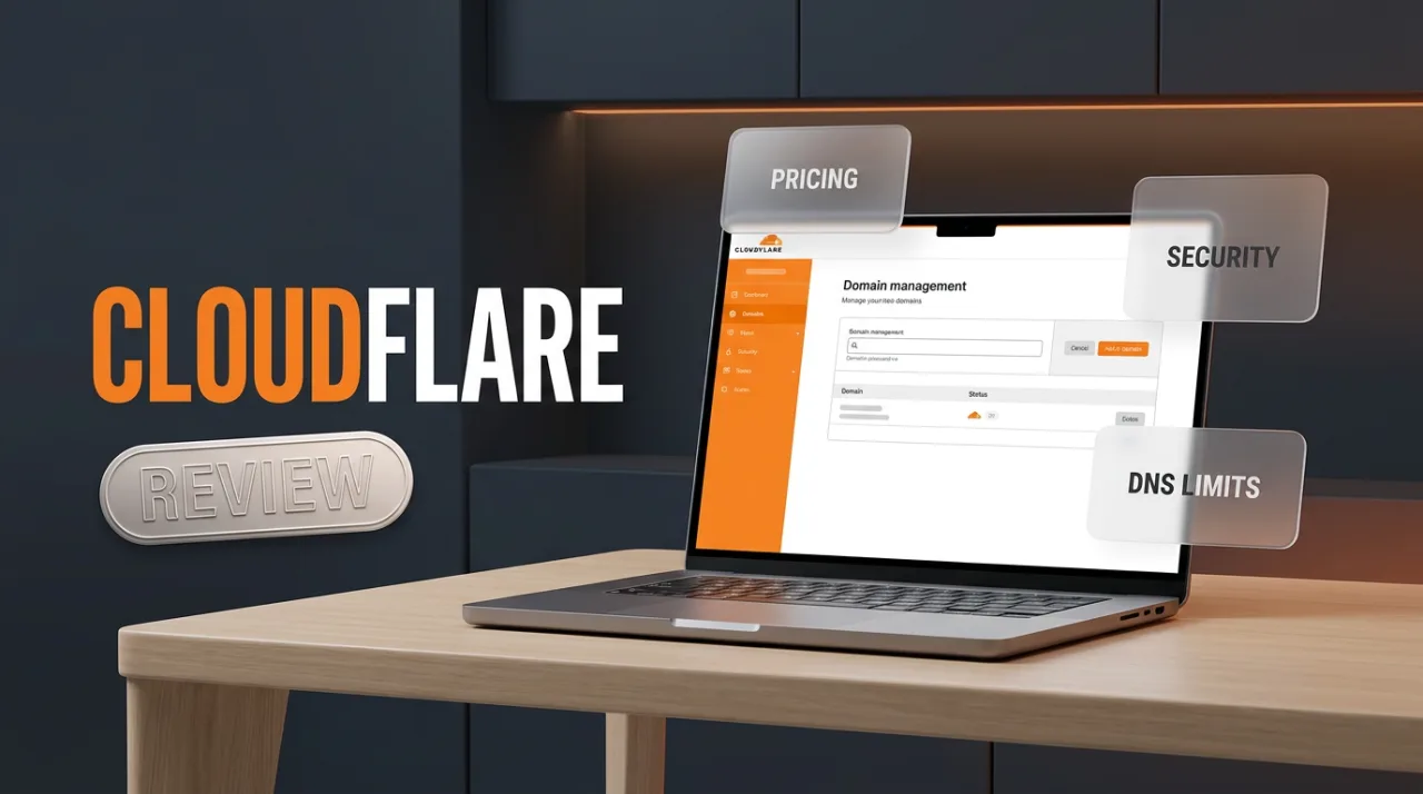 Cloudflare Registrar review cover featuring laptop dashboard, floating feature cards, and brand typography.