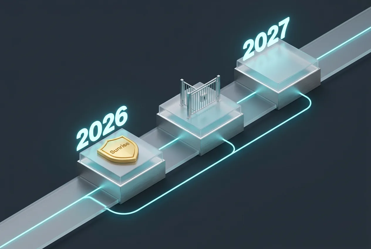 3D timeline infographic showing the rollout stages for the Verisign .web domain registry.