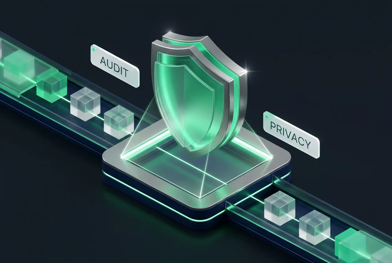 3D security shield and encrypted data blocks illustrating non-custodial privacy controls.