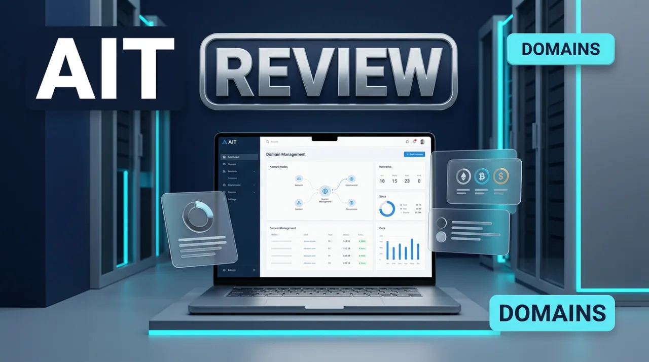 Editorial 3D review cover for AIT domain registrar featuring a sleek laptop and floating feature cards.