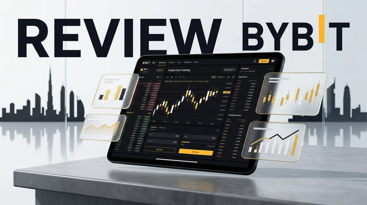 Bybit VARA review editorial cover featuring spot trading platform display and regulatory compliance branding.