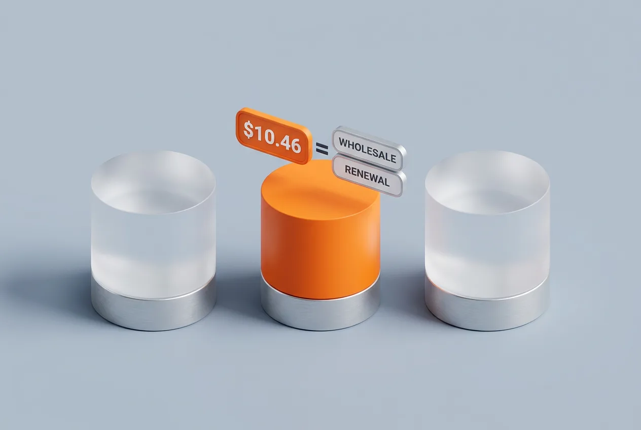 Cloudflare domain pricing graphic displaying transparent flat-rate renewal and wholesale costs.