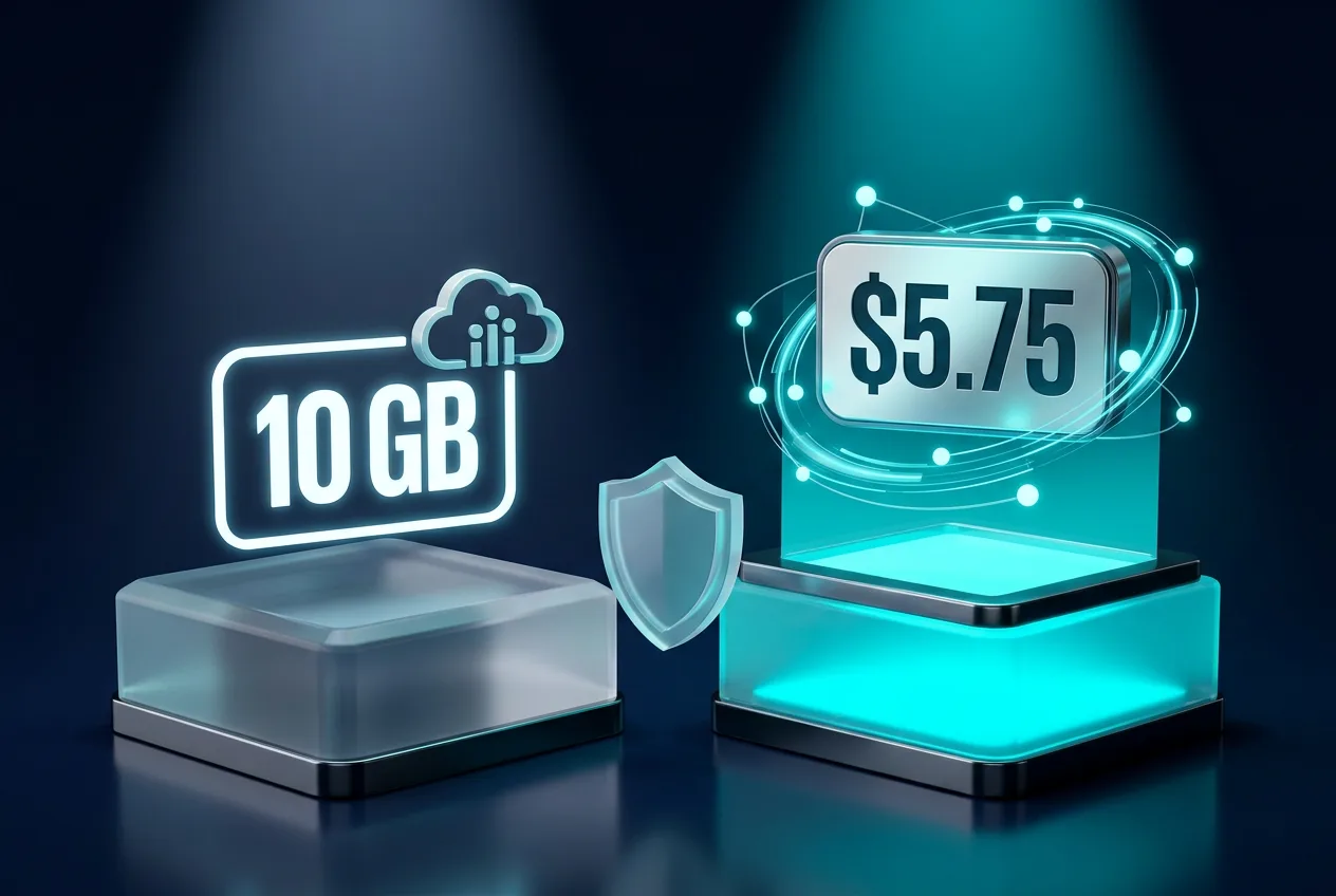 3D comparison graphic of Windscribe VPN pricing showing 10 GB free tier and paid subscription.