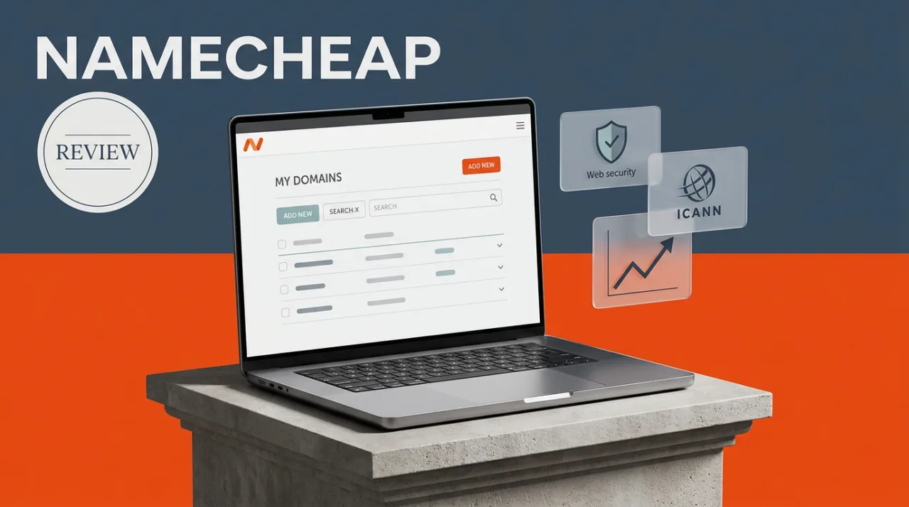 Namecheap review editorial cover showing domain hosting dashboard, security badges, and pricing cards.
