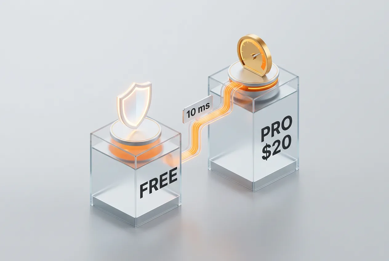 3D isometric infographic comparing Cloudflare Free and Pro plan features and DNS latency.