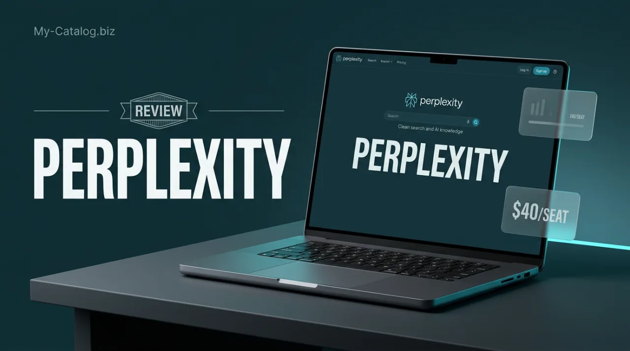 Perplexity AI Enterprise review cover featuring a modern laptop and brand editorial badges.