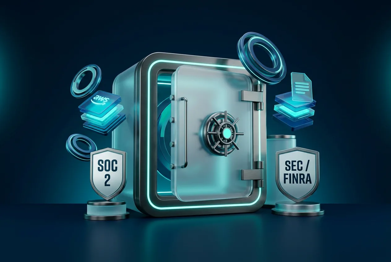 3D visualization of Docupace security infrastructure featuring encrypted data vault and compliance badges.