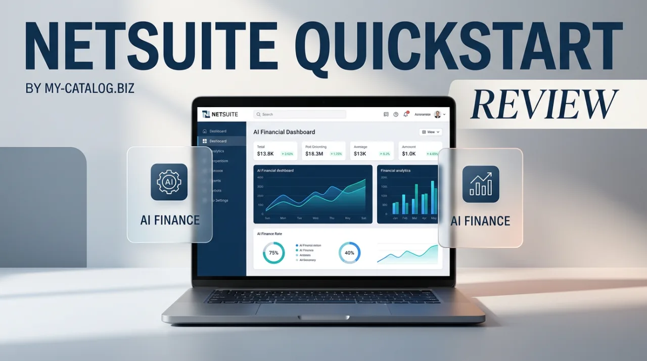 NetSuite QuickStart review editorial cover featuring a laptop with AI finance dashboards and floating cards.