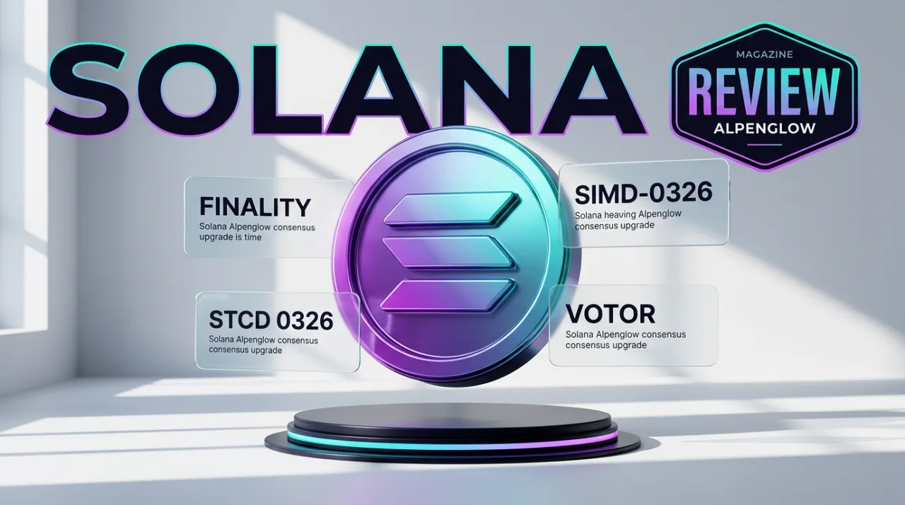 Solana Alpenglow review editorial cover with 3D Solana token emblem and floating metrics cards.