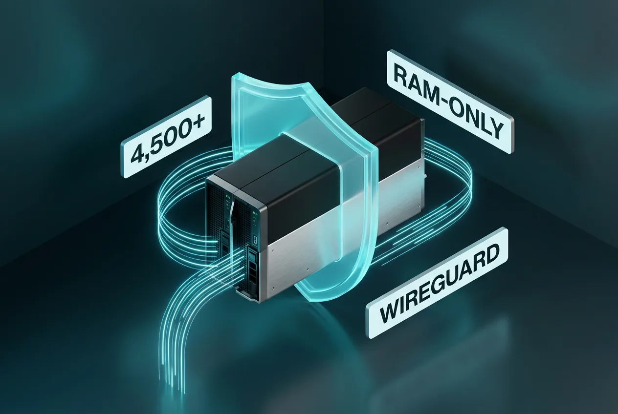 3D isometric illustration of Surfshark RAM-only server hardware with WireGuard speed metrics.