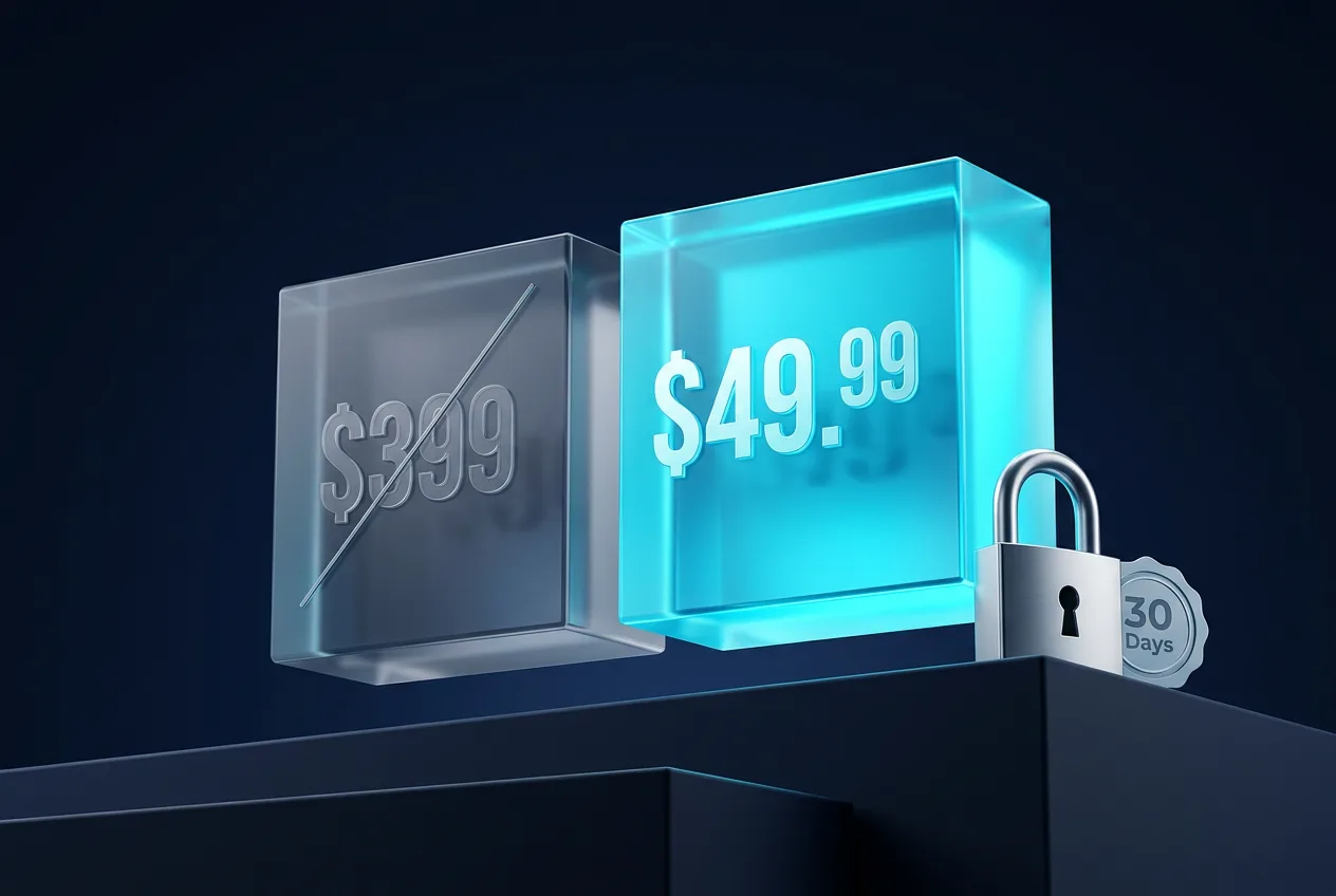 3D infographic comparing GhostShield VPN regular pricing with the 49.99 dollar lifetime subscription deal.