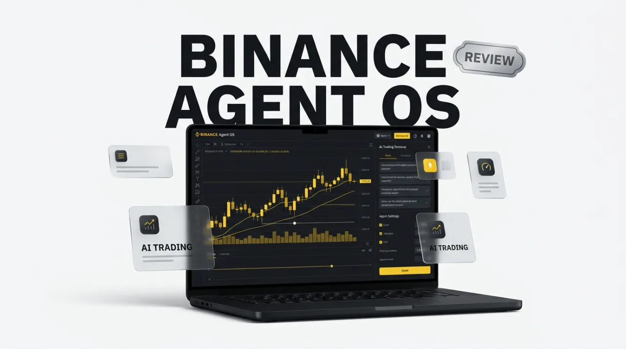 Binance Agent OS review editorial cover featuring a trading terminal laptop and Binance branding in yellow and black.