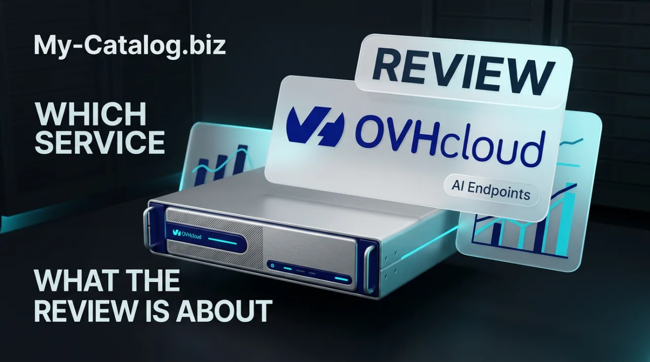 OVHcloud AI Endpoints editorial review cover with enterprise server hardware and floating typography cards.