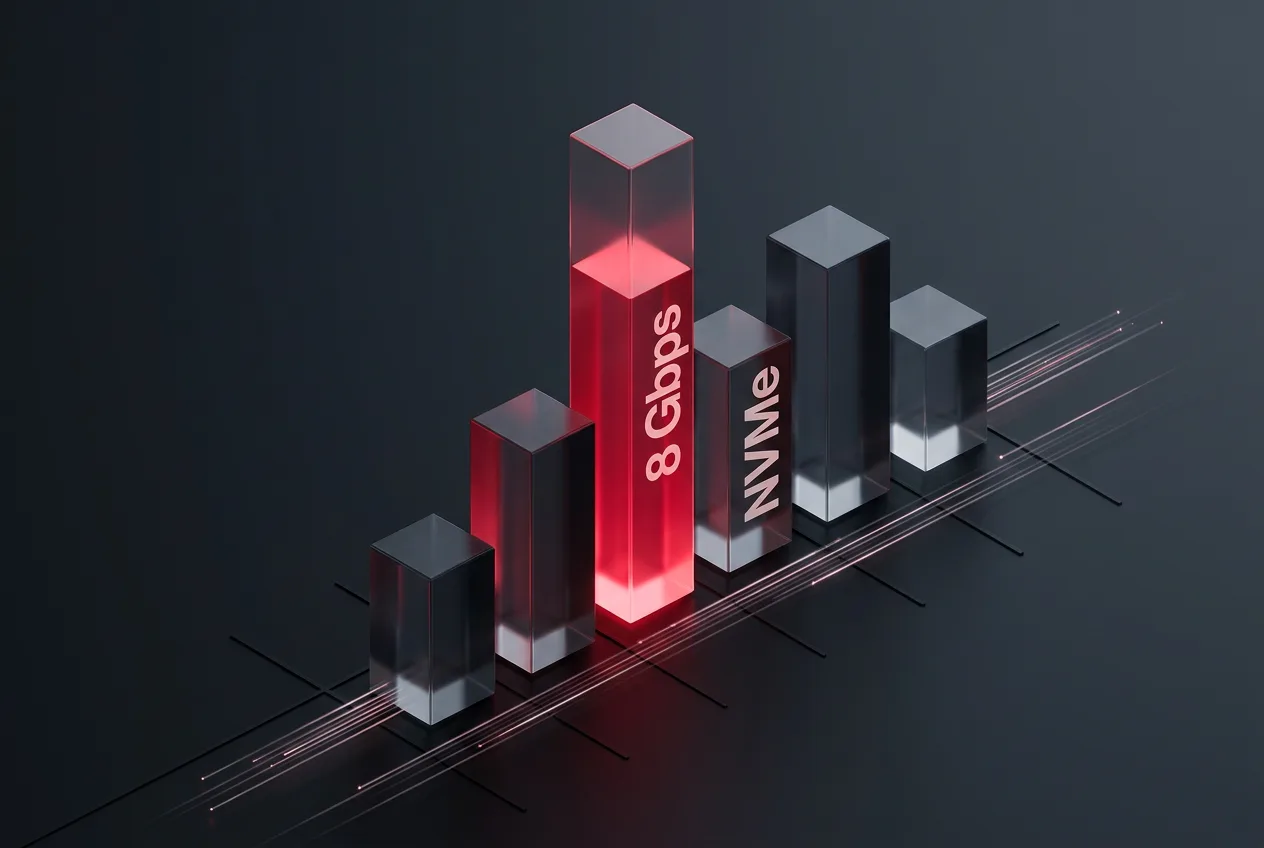 Infographic chart displaying Hetzner VPS network speed and NVMe benchmark results.