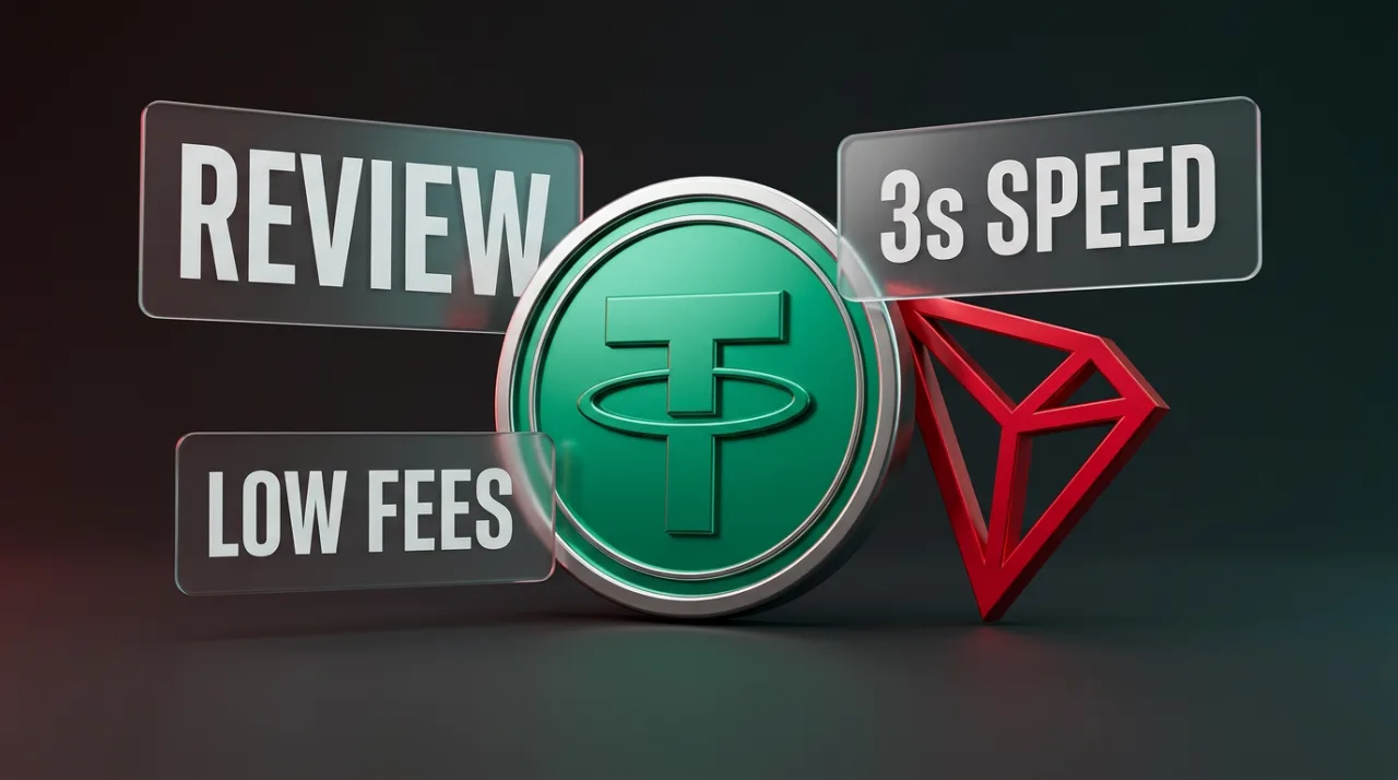 USDT on Tron crypto review cover featuring 3D Tether and Tron tokens with speed and fee rating cards.