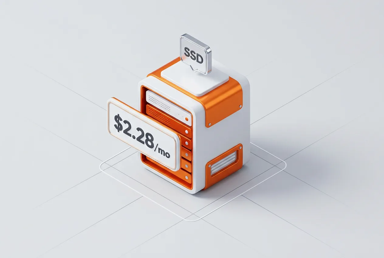 3D server rack illustration displaying Namecheap Stellar shared hosting price and SSD storage.