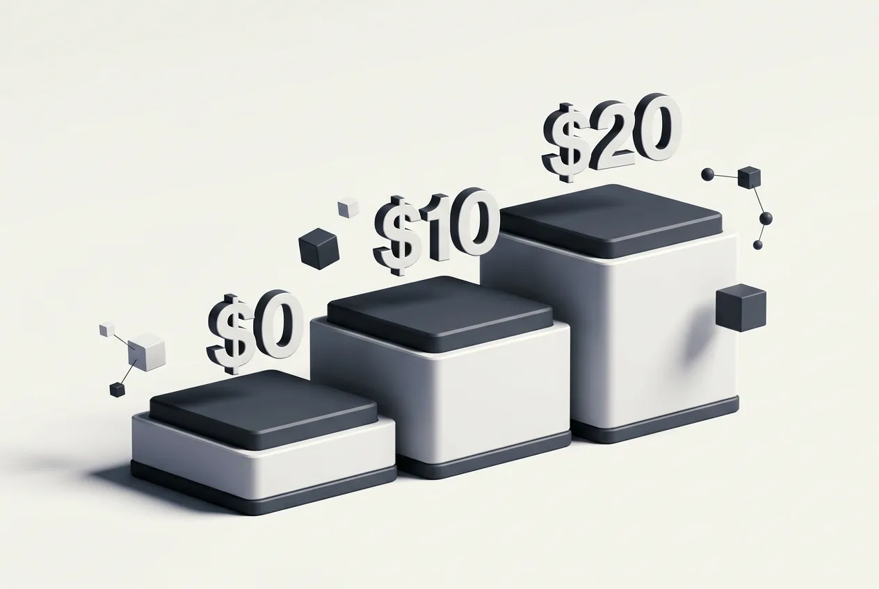 3D infographic displaying Notion subscription pricing tiers at $0, $10, and $20.