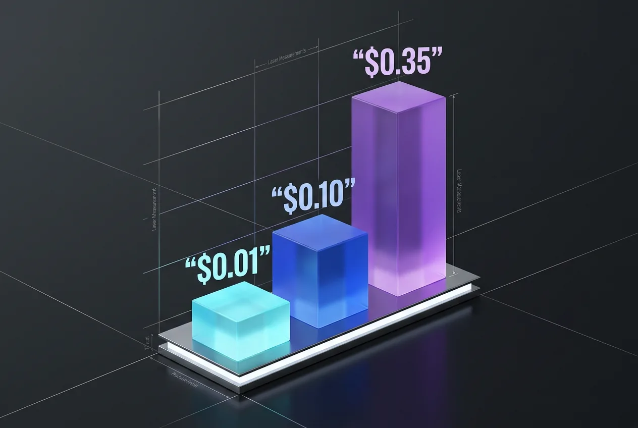 3D editorial chart illustrating Inception Mercury 3 token pricing tiers with labeled glowing pillars.