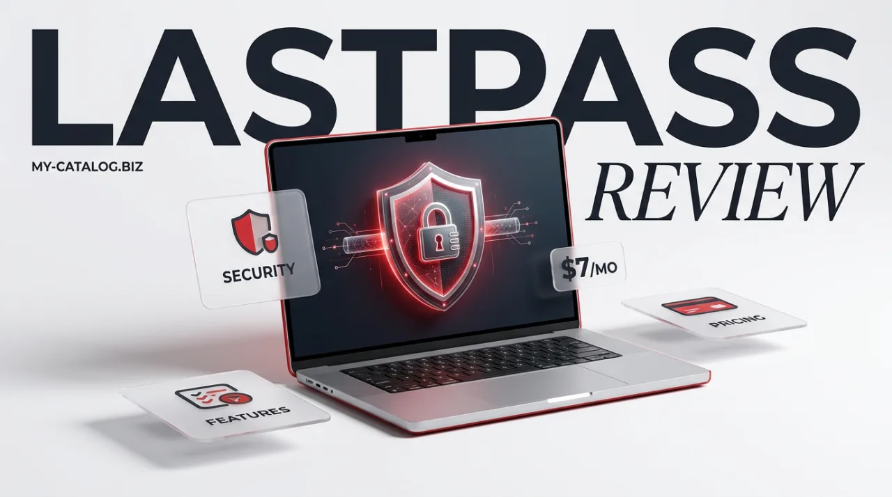 Editorial 3D cover review of LastPass Plus VPN featuring a sleek laptop with a digital security shield.