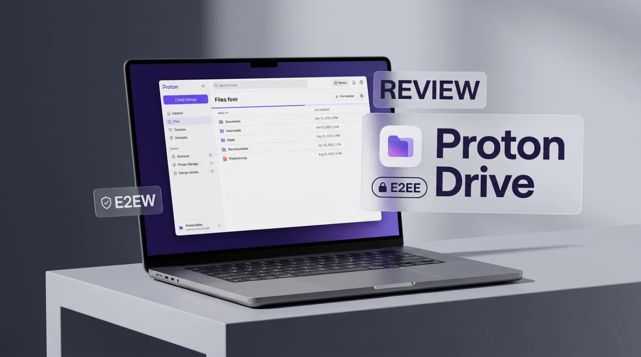 Proton Drive review editorial cover featuring secure cloud storage interface and privacy badges.