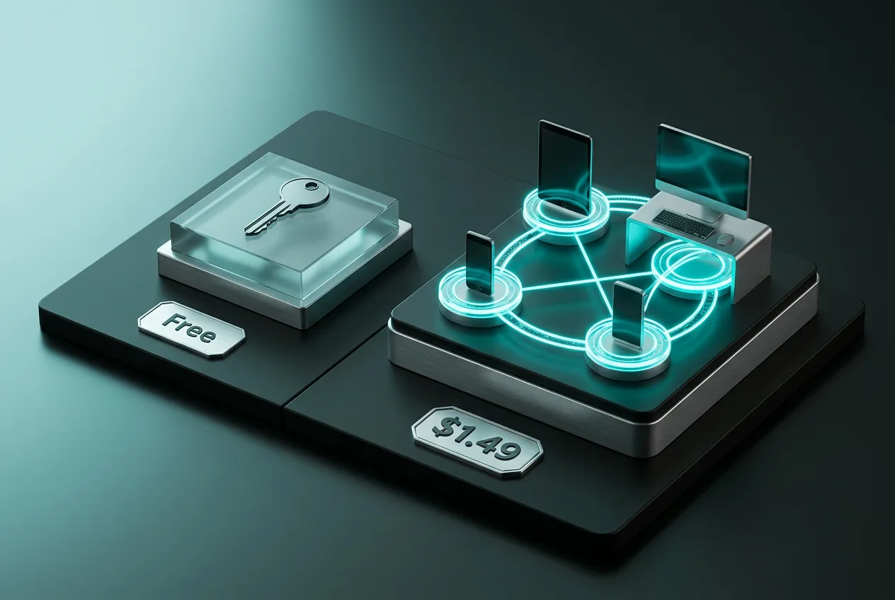 3D infographic comparison of NordPass Free single-device tier versus Premium multi-device sync tier.
