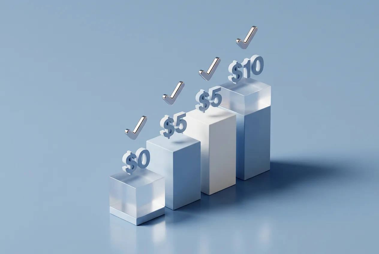 3D isometric chart illustrating Trello pricing plan tiers from free to paid levels.
