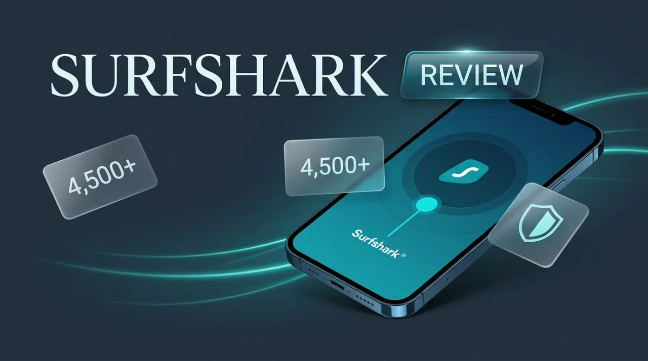 Surfshark VPN editorial review cover showing a smartphone interface and sleek floating metric cards on teal backdrop.