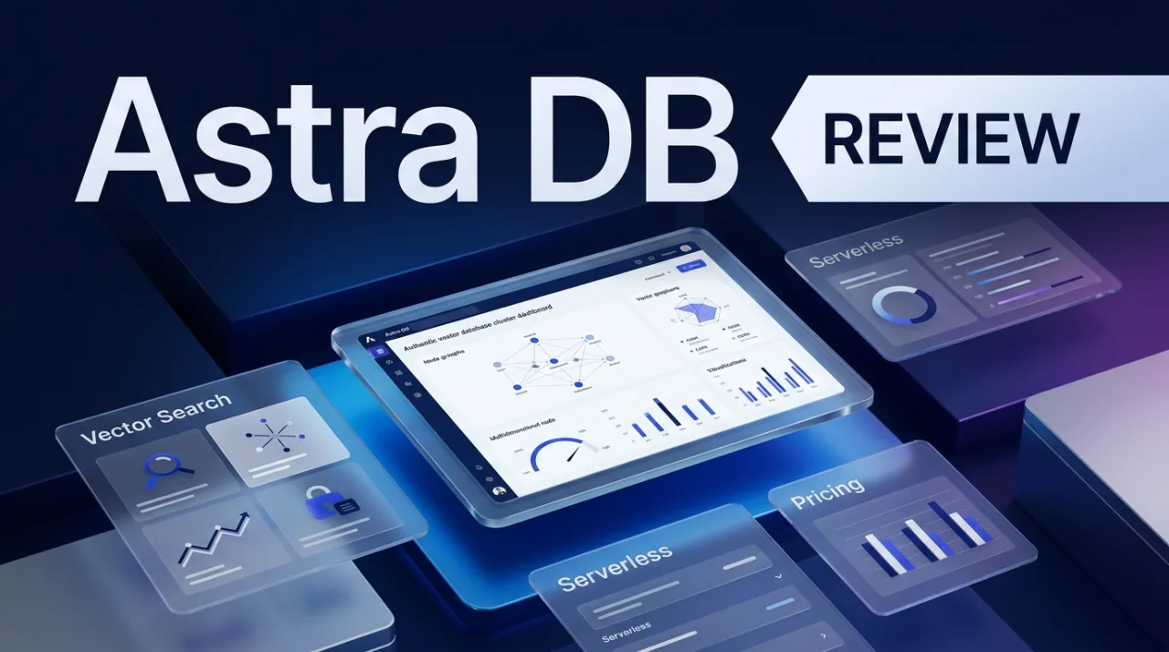 Editorial review cover for Astra DB serverless vector database featuring UI dashboard and feature badges.