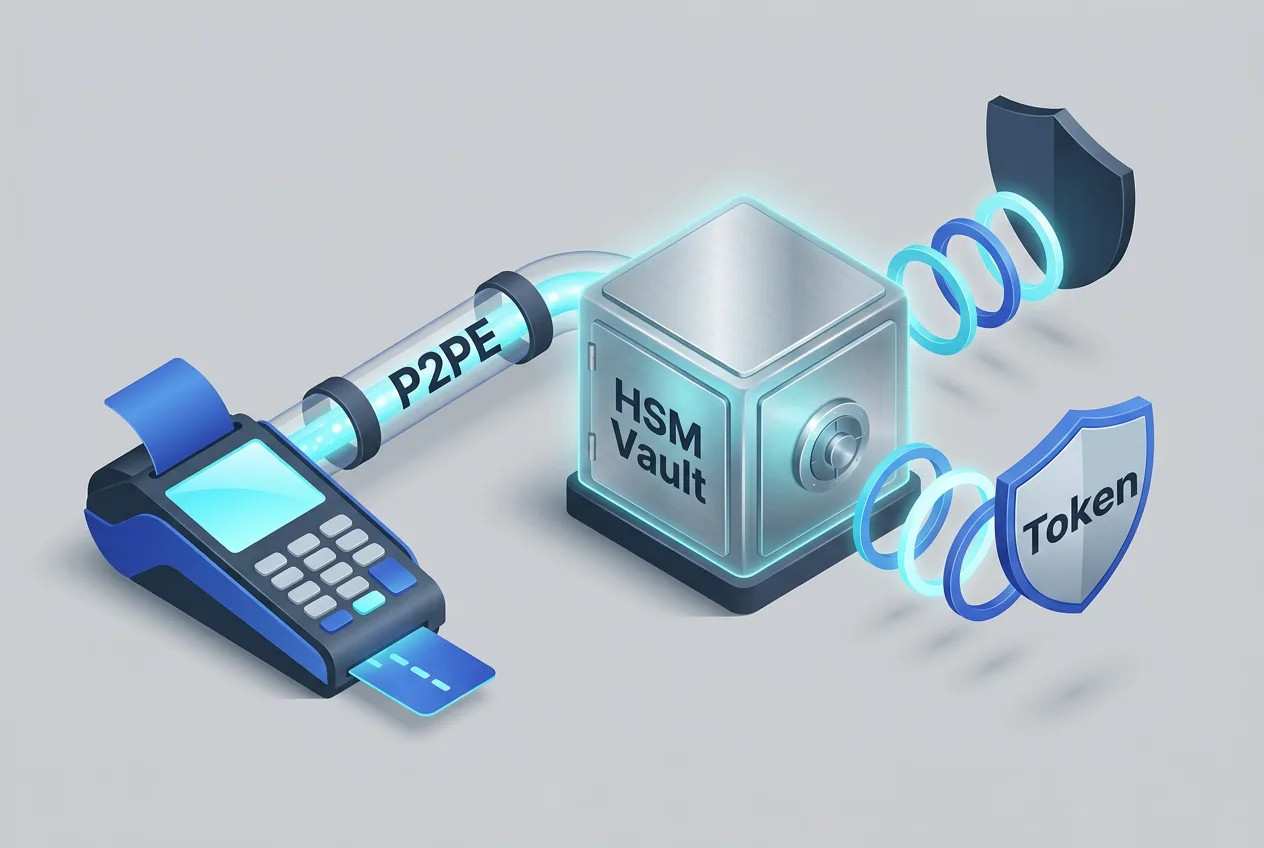 3D isometric diagram of Bluefin P2PE transaction encryption and HSM tokenization pipeline.