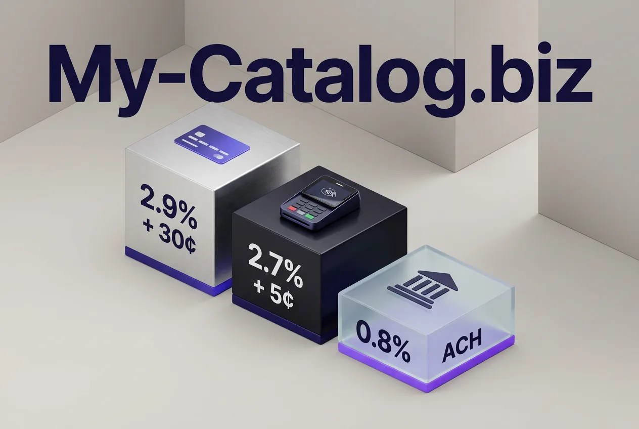 Infographic comparing Stripe processing fees for online card, in-person terminal, and ACH transfers.