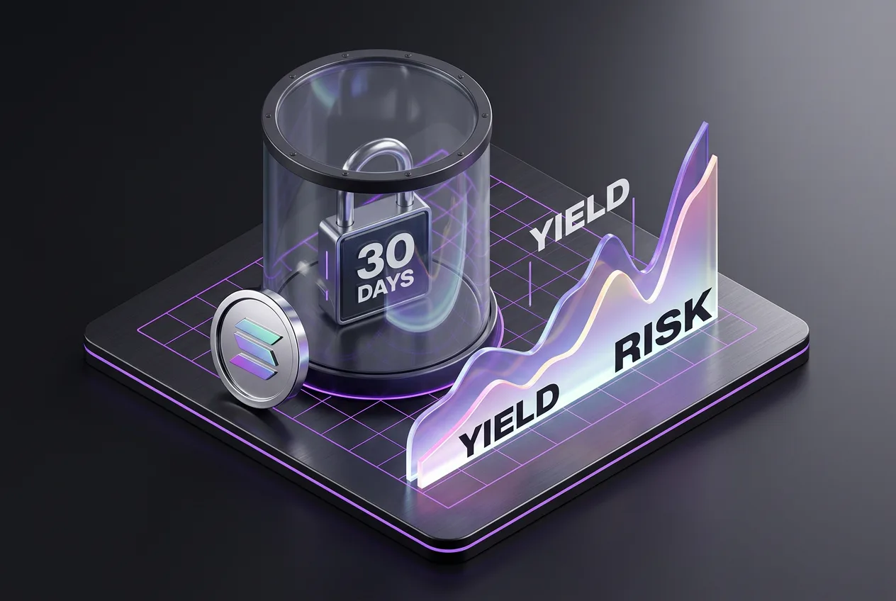 3D isometric infographic showing a 30-day staking lockup vault and fluctuating yield chart